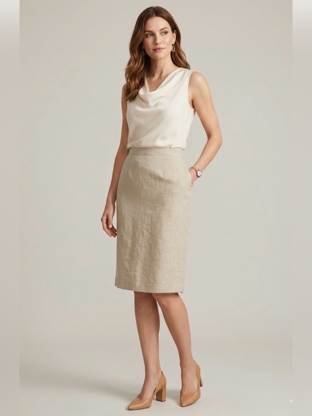 VTG Jennifer Moore Tan 100% Linen Pencil Skirt Plus Size 18W